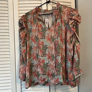 🆕 Garden Cinched Sleeve Ruffle Tie Neck Mixed Media Top